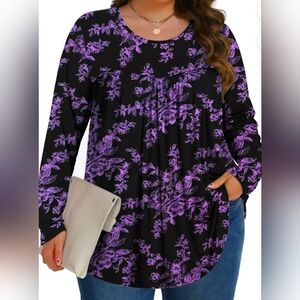 Women Purple & Black Floral Long Sleeve Crew Neck Paisley Boho Arsty Flowy Tunic